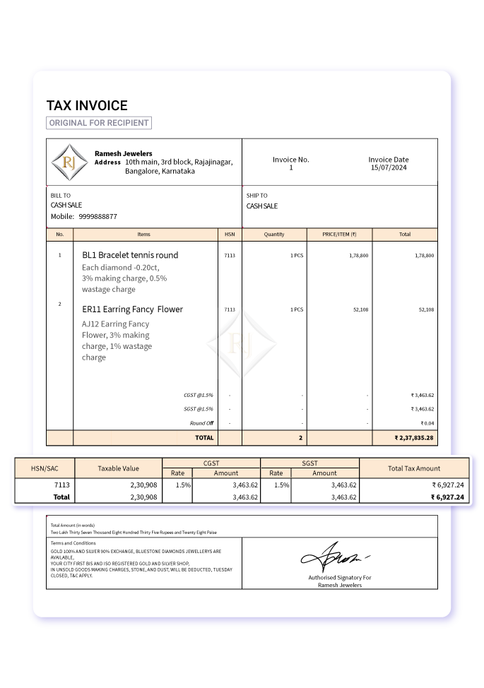 Jewellery shop bills