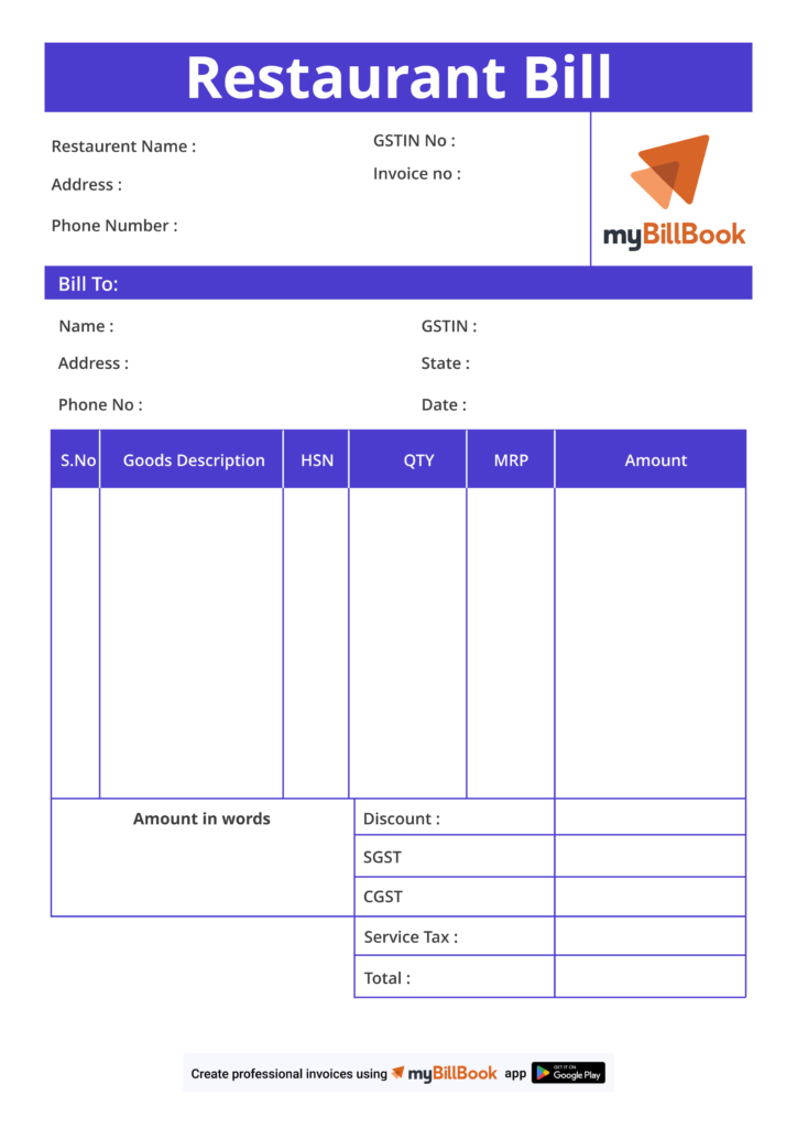 restaurant bill format