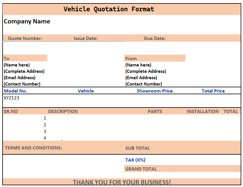 sample bike quotation format