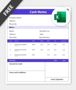 cash memo format in excel